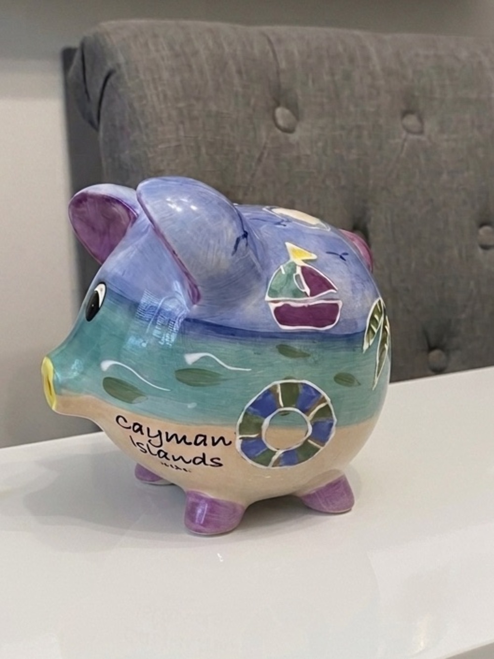 Vintage Ceramic Cayman Islands Hand-Painted Blue & Teal Beach Piggy Bank